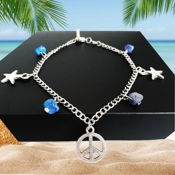 Dümüş Renk Barış İşareti & Yıldız Kadın Sodalit Doğal Taş Halhal