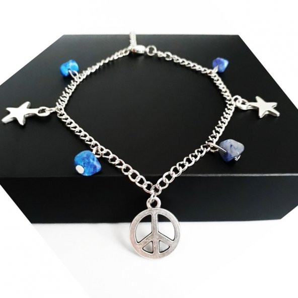 Dümüş Renk Barış İşareti & Yıldız Kadın Sodalit Doğal Taş Halhal - 2