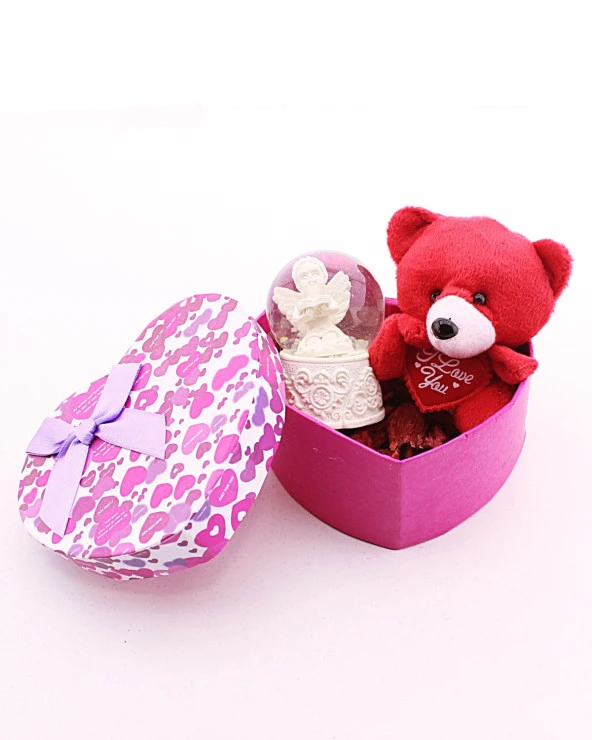 Sevgiliye Hediye Mini Kırmızı Ayıcık ve Melek Kar Küresi Hediye Kutusu - 2