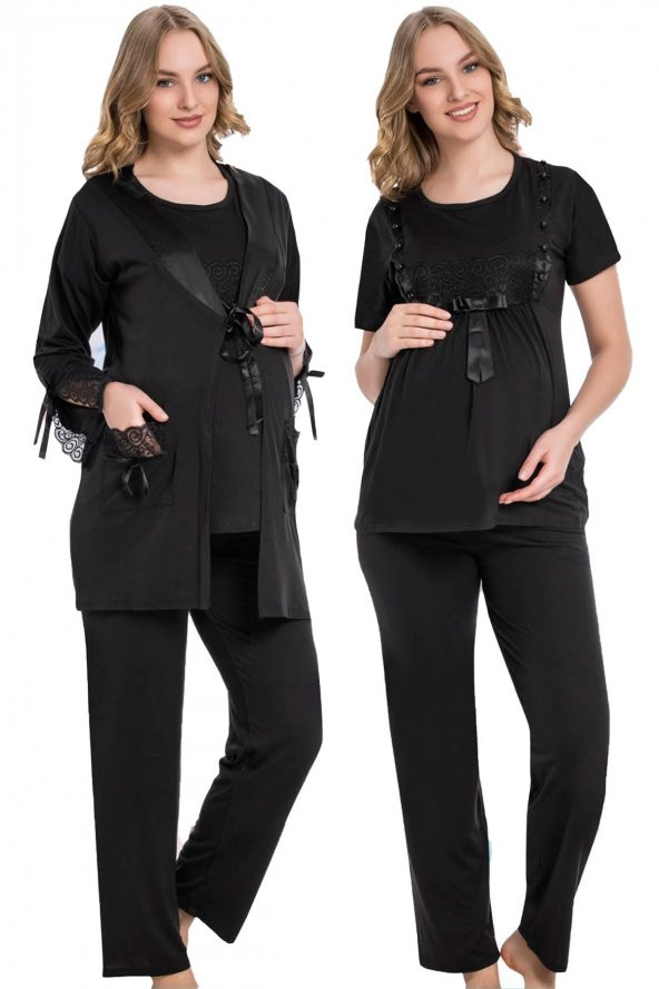 Siyah Renk ve Sabahlıklı JNK-35737 Hamile Lohusa Pijama Takımı