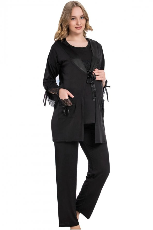 Siyah Renk ve Sabahlıklı JNK-35737 Hamile Lohusa Pijama Takımı - 2