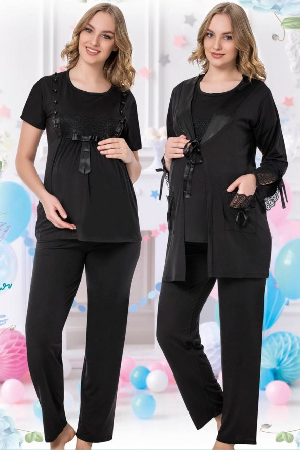 Siyah Renk ve Sabahlıklı JNK-35737 Hamile Lohusa Pijama Takımı - 3