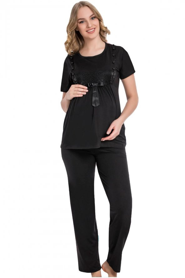 Siyah Renk ve Sabahlıklı JNK-35737 Hamile Lohusa Pijama Takımı - 4