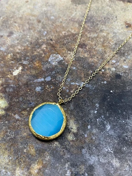 Güneş Taşı Serisi Kedi Gözü Yuvarlak 925 Ayar Gümüş Zincirli Kadın Kolye - 7