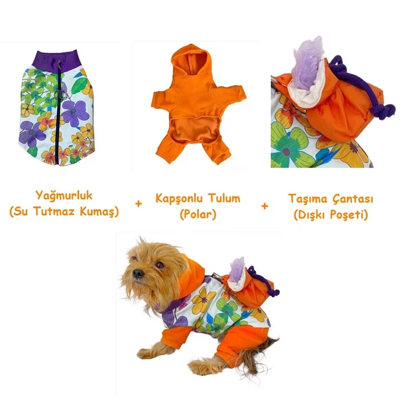 Flower Power Çantalı Tulumlu Su itici Yağmurluklu Köpek Seti Kıyafeti - 3