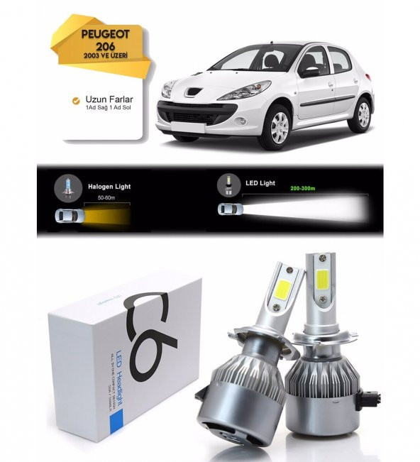 Peugeot 206 Uzun Far Led Xenon Şimşek Etkili 2003 ve Üzeri