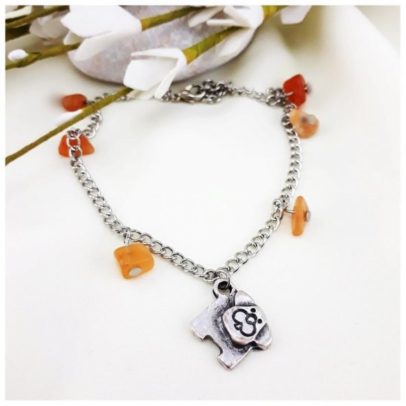 Köpek Figürlü Kadın Akik Doğal Taş Halhal - 4