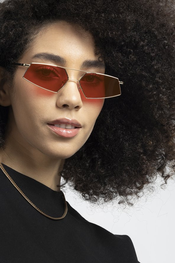 POLO55 Gold Metal Çerçeveli Kırmızı Camlı Beşgen Retro Kadın Güneş Gözlüğü ürün görseli