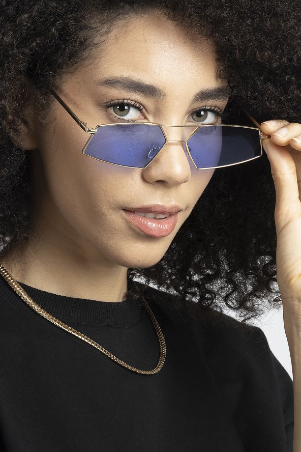 POLO55 Gold Metal Çerçeveli Mavi Camlı Beşgen Retro Kadın Güneş Gözlüğü ürün görseli