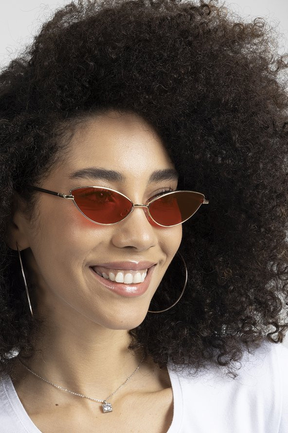 POLO55 Kırmızı Camlı Metal Çerçeveli Küçük Cat Eye Kadın Güneş Gözlüğü ürün görseli