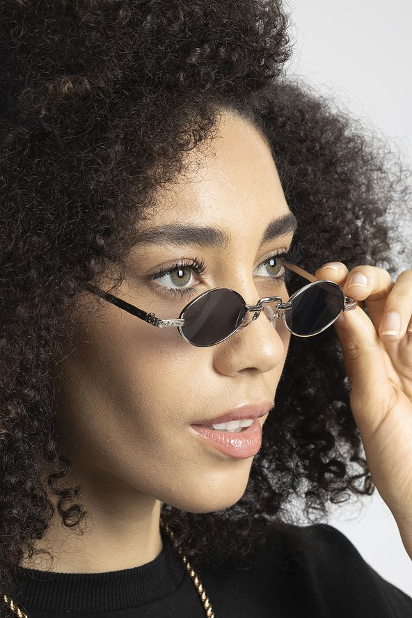 POLO55 Siyah Gümüş Metal Çerçeveli Küçük Oval Retro Güneş Gözlüğü - Resim 2