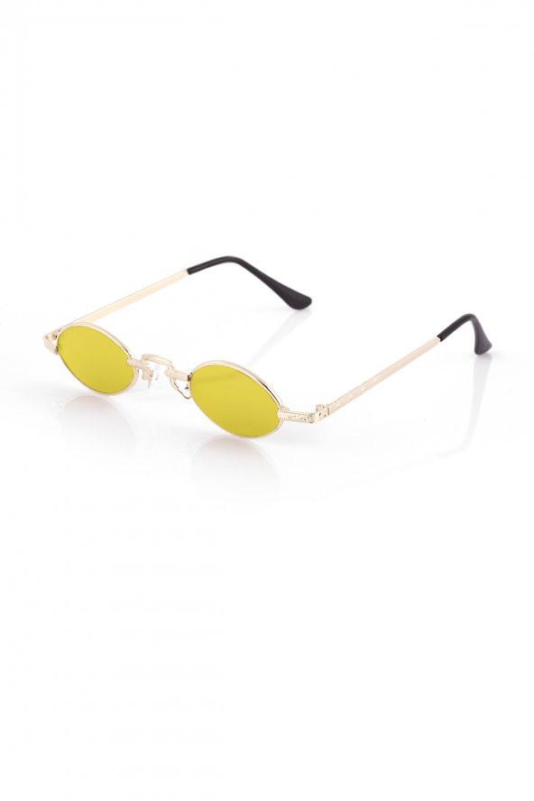 POLO55 Sarı Metal Çerçeveli Küçük Oval Retro Güneş Gözlüğü - 3