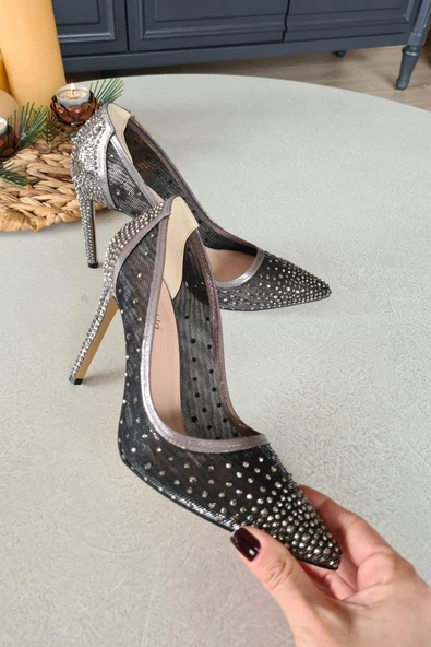 036 4168 Topukla Kadın 10 cm Topuklu Taşlı Abiye Ayakkabı - Resim 6