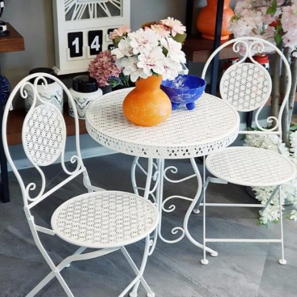 Panalı Ferforje Metal Masa Sandalye Seti Beyaz 8220-21 - 3