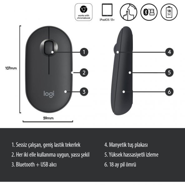Logitech M350 Pebble Sessiz Kablosuz Kompakt Mouse Siyah - 6