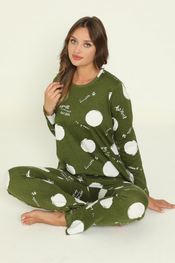 Kadın Haki Yeşil Renk  Kalın Kışlık Kumaş  Uzun Kol Blackmore B417 Pijama Takımı