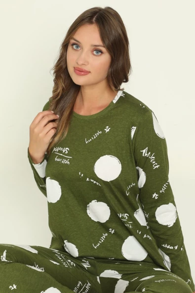 Kadın Haki Yeşil Renk  Kalın Kışlık Kumaş  Uzun Kol Blackmore B417 Pijama Takımı - 2