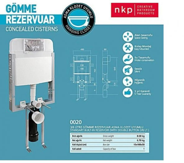 Turkuaz Duru Asma Klozet,Kapak ve Nkp Gömme Rezervuar, Mat Buton 4lü Set - 4