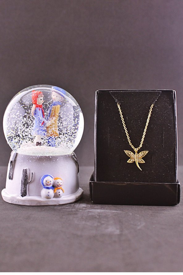Sevgiliye El Ele Tutuşan Aşıklar Kar Küresi 9 cm ve Zirkon Taş Kolye Set - 2