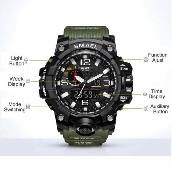 SMAEL Smael 1545 Erkek Kol Saati Analog Dijital Spor Asker Siyah Moda Trend - 2