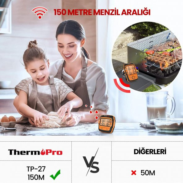 ThermoPro TP27C Alarmlı, Işıklı, Kablosuz 150m Menzilli ve 4 Problu Profesyonel Frın Termometresi - Resim 7