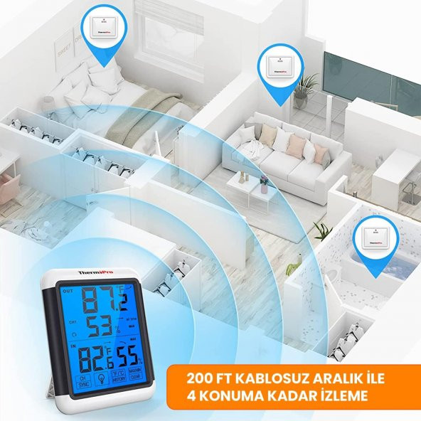 ThermoPro TP65 Dokunmatik Işıklı Geniş Ekran İç ve Dış Mekan (Sensörlü) Dijital Sıcaklık ve Nem Ölçer - 3