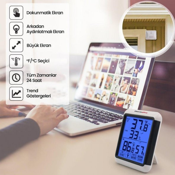 ThermoPro TP65 Dokunmatik Işıklı Geniş Ekran İç ve Dış Mekan (Sensörlü) Dijital Sıcaklık ve Nem Ölçer - 4