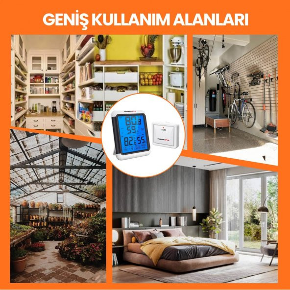 ThermoPro TP65 Dokunmatik Işıklı Geniş Ekran İç ve Dış Mekan (Sensörlü) Dijital Sıcaklık ve Nem Ölçer - 8