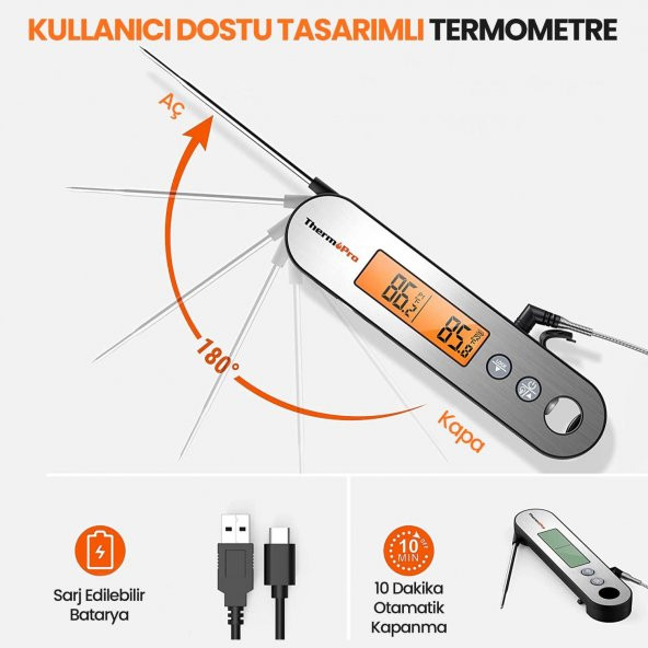 ThermoPro TP610 Su Geçirmez, Dijital ve Işıklı Çift Problu Katlanabilir Profesyonel Gıda Termometre - 3