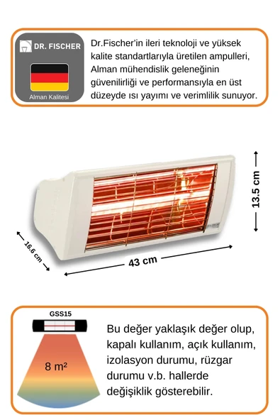 Goldsun Supra 1500 Watt GSS15 Kumandasız Suya Dayanıklı Elektrikli İnfrared Isıtıcı-Beyaz - Resim 4