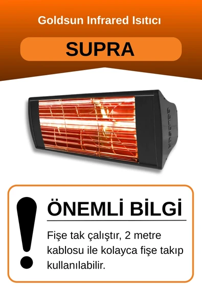 Goldsun Supra 2000 Watt GSS20 Kumandasız Suya Dayanıklı Elektrikli İnfrared Isıtıcı-Siyah - Resim 2