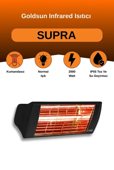 Goldsun Supra 2000 Watt GSS20 Kumandasız Suya Dayanıklı Elektrikli İnfrared Isıtıcı-Siyah ürün görseli