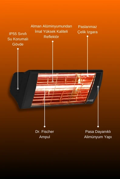 Goldsun Supra 2000 Watt GSS20 Kumandasız Suya Dayanıklı Elektrikli İnfrared Isıtıcı-Siyah - Resim 5