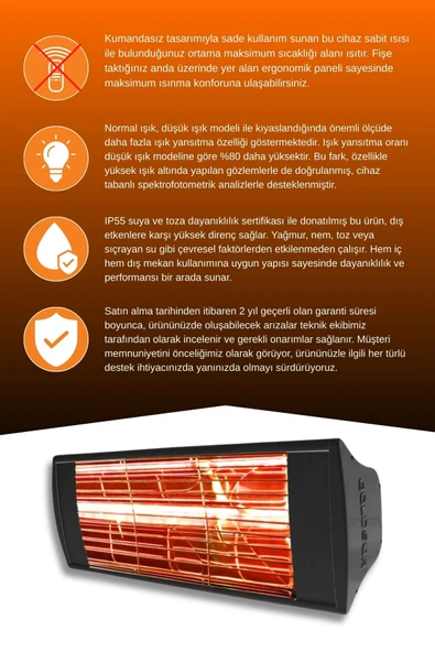Goldsun Supra 2000 Watt GSS20 Kumandasız Suya Dayanıklı Elektrikli İnfrared Isıtıcı-Siyah - Resim 3