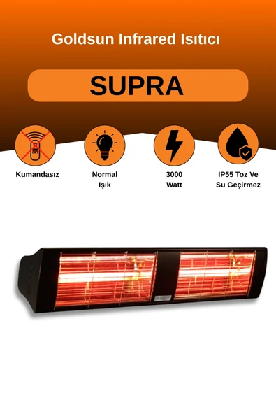 Goldsun Supra 3000 Watt GSS30 Kumandasız Suya Dayanıklı Elektrikli İnfrared Isıtıcı-Siyah ürün görseli