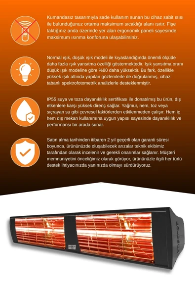 Goldsun Supra 3000 Watt GSS30 Kumandasız Suya Dayanıklı Elektrikli İnfrared Isıtıcı-Siyah - Resim 3