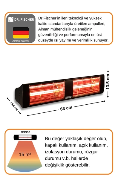 Goldsun Supra 3000 Watt GSS30 Kumandasız Suya Dayanıklı Elektrikli İnfrared Isıtıcı-Siyah - Resim 4