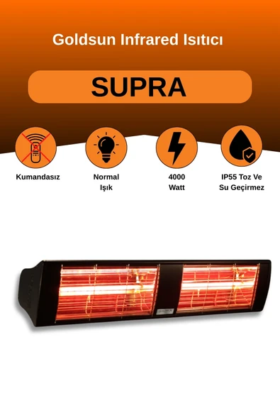 Goldsun Supra 4000 Watt GSS40 Kumandasız Suya Dayanıklı Elektrikli İnfrared Isıtıcı-Siyah ürün görseli
