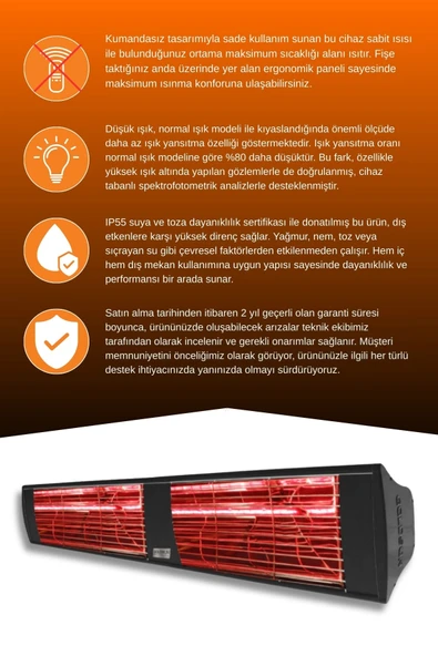 Goldsun Supra 3000 Watt GSS30LG Düşük Işıklı Kumandasız Suya Dayanıklı Elektrikli İnfrared Isıtıcı-Siyah - Resim 3