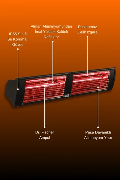 Goldsun Supra 3000 Watt GSS30LG Düşük Işıklı Kumandasız Suya Dayanıklı Elektrikli İnfrared Isıtıcı-Siyah - Resim 5