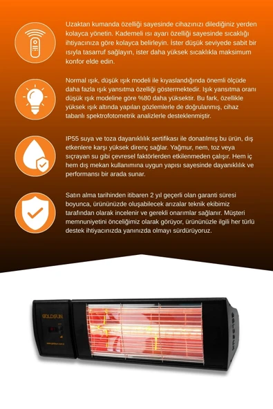 Goldsun Supra Plus 2000 Watt GSS20P Kumandalı Suya Dayanıklı Elektrikli İnfrared Isıtıcı-Siyah - Resim 3