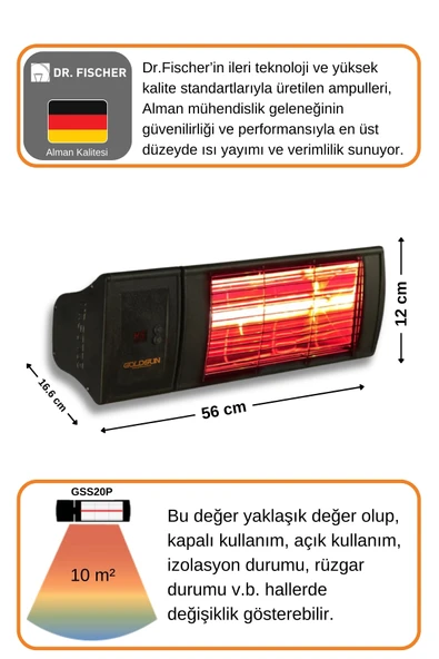 Goldsun Supra Plus 2000 Watt GSS20P Kumandalı Suya Dayanıklı Elektrikli İnfrared Isıtıcı-Siyah - Resim 4