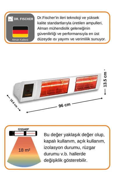Goldsun Supra Plus 4000 Watt GSS40P Kumandalı Suya Dayanıklı Elektrikli İnfrared Isıtıcı-Beyaz - Resim 4