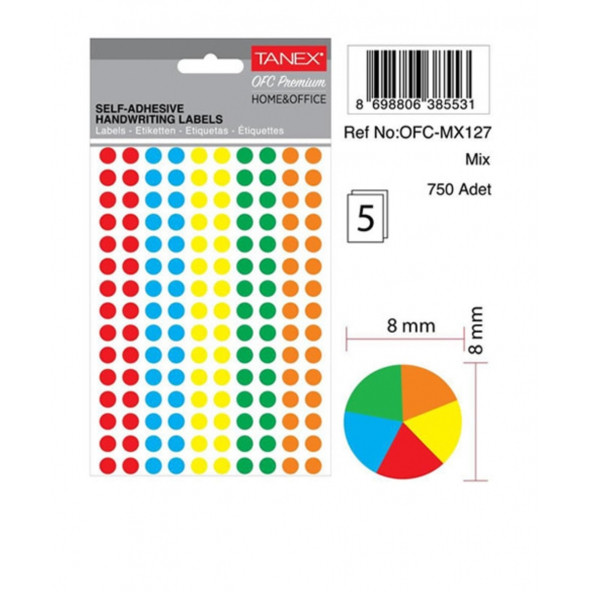 Tanex Mıx Color Ofis Etiketi 8mm 5-Renk (750 nokta Etiket) ürün görseli 1