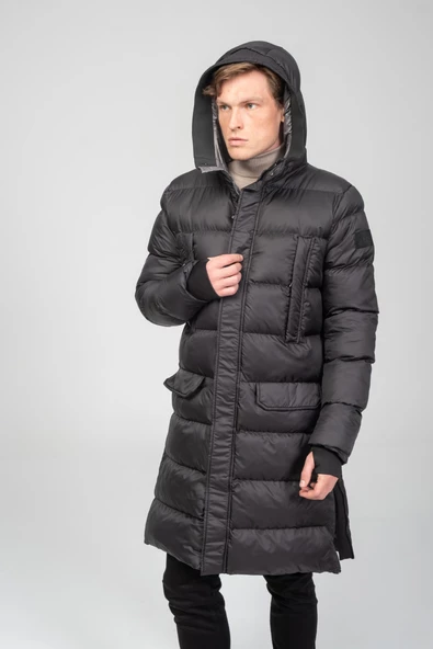 Erkek Regular Fit Kapüşonlu Çok Cepli Eldivenli Rüzgar ve Su Geçirmez Şişme Kışlık Uzun Mont - 4