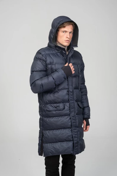 Erkek Regular Fit Kapüşonlu Çok Cepli Eldivenli Rüzgar ve Su Geçirmez Şişme Kışlık Uzun Mont - 11