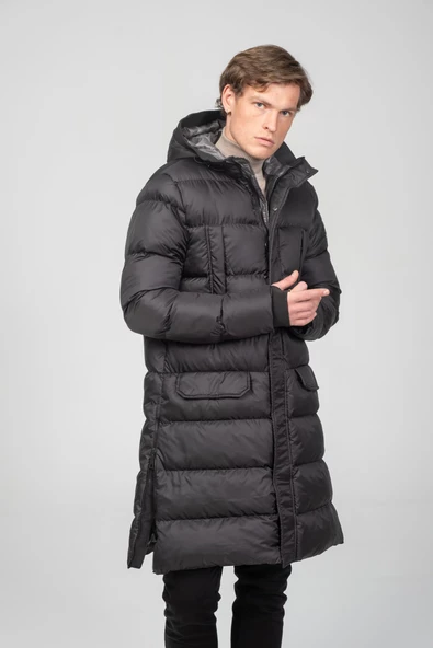Erkek Regular Fit Kapüşonlu Çok Cepli Eldivenli Rüzgar ve Su Geçirmez Şişme Kışlık Uzun Mont - 3