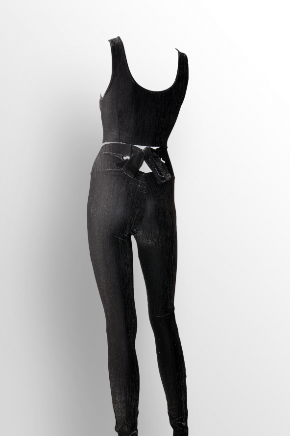 Ergü Kadın Siyah Jakarlı Arkası Dekolte Fiyonk Detaylı Pantolon Kalın Askılı Crop Takım Elbise Ergü1513-1 - 5