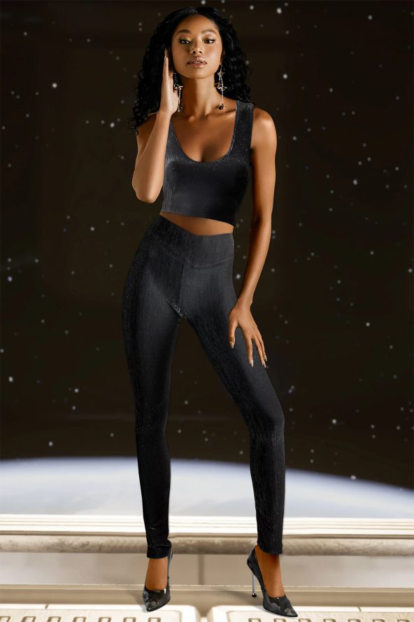 Ergü Kadın Siyah Jakarlı Arkası Dekolte Fiyonk Detaylı Pantolon Kalın Askılı Crop Takım Elbise Ergü1513-1
