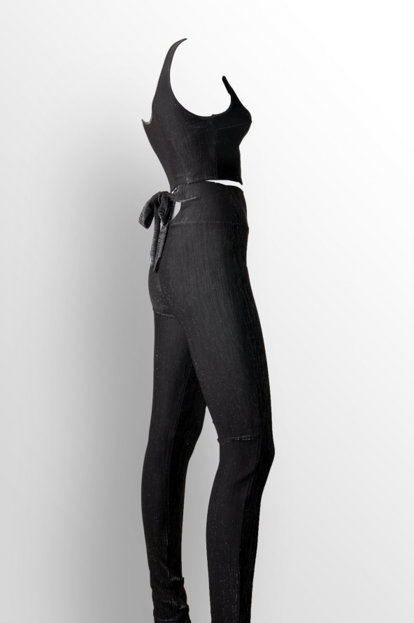 Ergü Kadın Siyah Jakarlı Arkası Dekolte Fiyonk Detaylı Pantolon Kalın Askılı Crop Takım Elbise Ergü1513-1 - 4